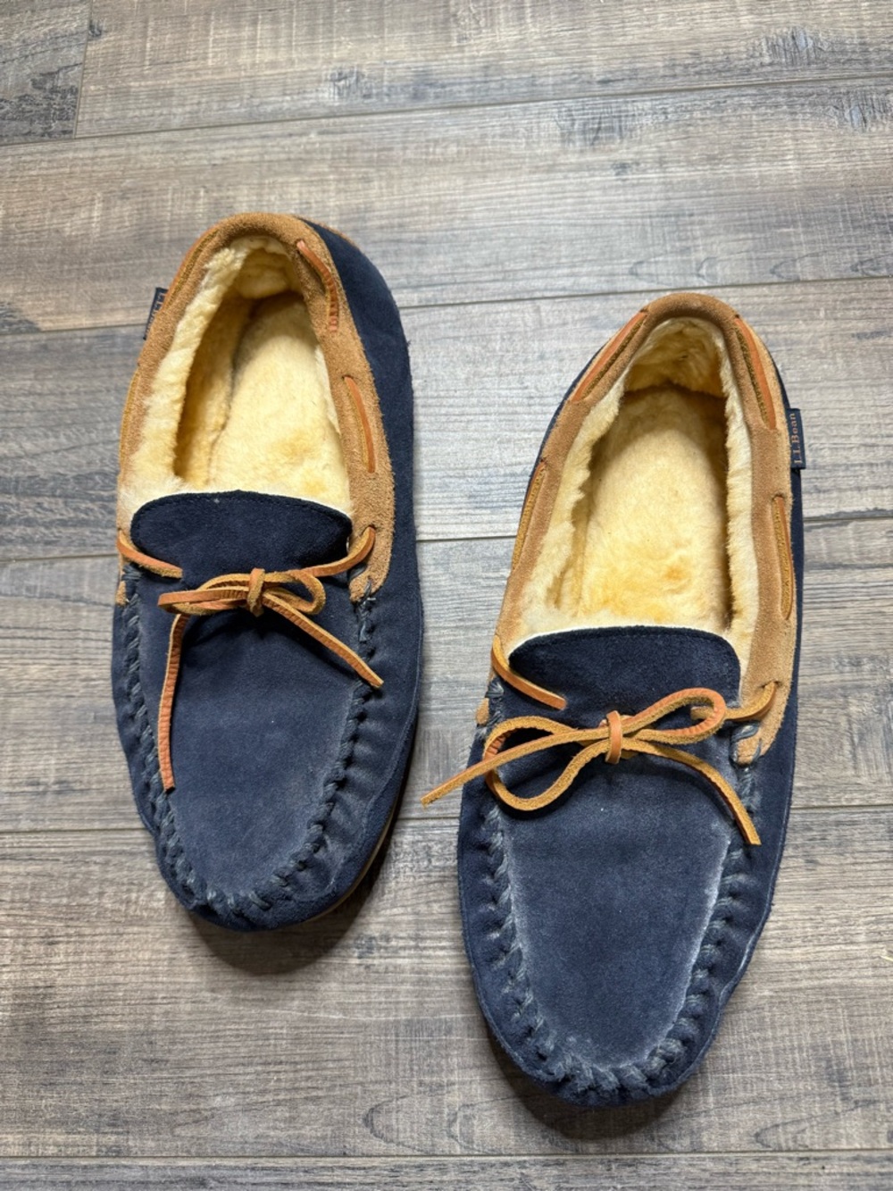 LL Bean Men's Navy Suede Moccasin Slippers with Shearling Lining Size 12 Medium